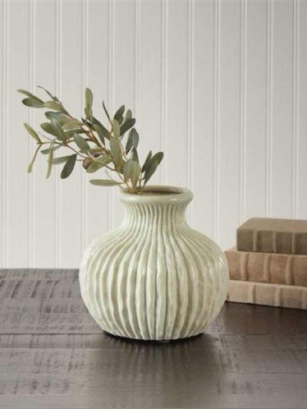 Ceramic Ribbed Round Vase in Pale Green THESSALY VASES
About 8”x 7.5”